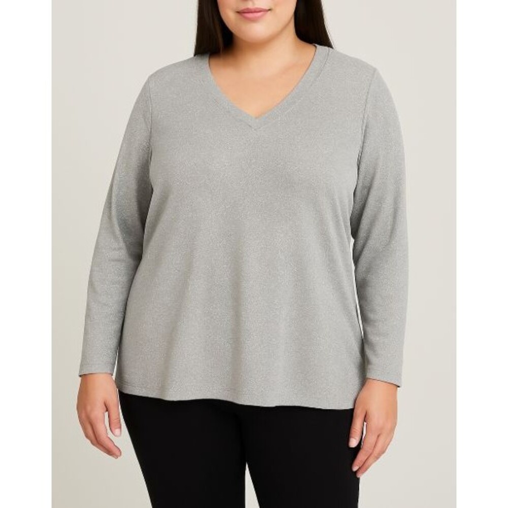Avenue Women’s Plus 18/20 Silver Shimmer Metallic V-Neck Long Sleeve Top